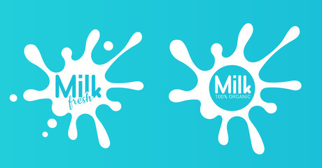 Obraz premium Milk circle badge and dairy labels with splashes and bolts. Milk badge with drop and splash for labels of package.