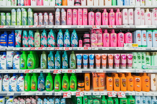 BANGKOK, THAILAND - October 15, 2019 - Hair Shampoo product on the shelf background