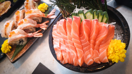 Juicy yummy tasty delicious freshness traditional Japanese style food raw seafood sliced salmon...