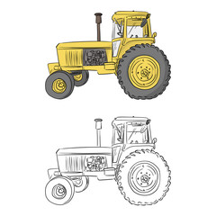 side view of retro yellow tractor vector illustration sketch doodle hand drawn isolated on white background