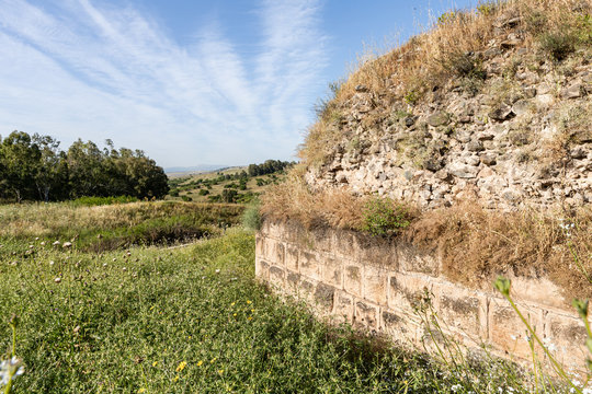The ruins  of the fortress wall of the Ateret fortress - Metzad Ateret - Qasr Atara - located next to the Gesher Benot Ya'akov bridge on the Jordan River, in northern Israel
