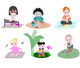 Illustration vector kid on isolate background. Learn and playing . Children doing activities for kindergarteners. Clipart character education concept. Decoration the classroom website.