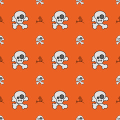 Skulls and bones seamless pattern on orange. Halloween background textile wrapping paper design.