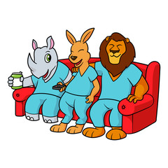 Cartoon Relaxing Rhinoceros Kangaroo and Lion Medical Workers Illustration