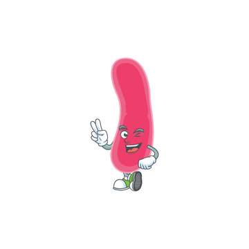 smiling fusobacteria cartoon mascot style with two fingers