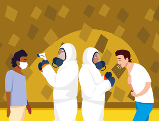 Doctors checking men temperature at home vector design