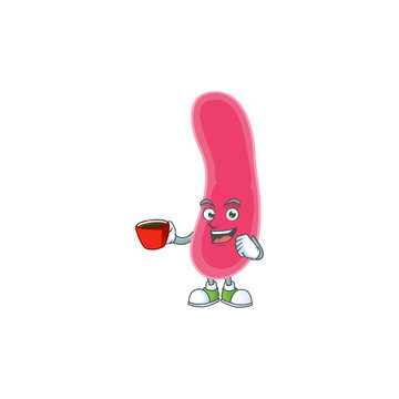 A mascot design character of fusobacteria drinking a cup of coffee