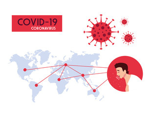 Man and world map with covid 19 virus vector design