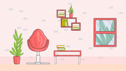 Cartoon style Room Background vector illustration with sofa, tree pot, window, book, bookshelf, table. Residential living room illustration