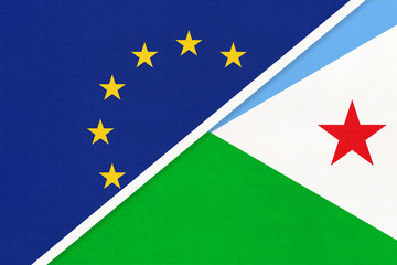 European Union or EU and Djibouti national flag from textile. Symbol of the Council of Europe association.