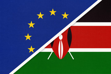 European Union or EU and Kenya national flag from textile. Symbol of the Council of Europe association.