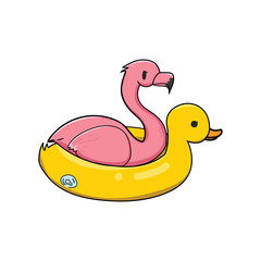 Flamingo with duck swim ring vector illustration.