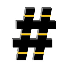 BLACK METAL 3D TEXT WITH 3 YELLOW HORIZONAL LINES : # HASHTAG