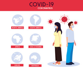 Woman and man with world maps with covid 19 virus vector design