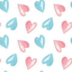 Seamless pattern with blue and pink hearts on white background, hand painted watercolor illustration