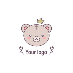 Logo design for kid toys store, boutique with happy teddy bear character isolated on white background. Baby accessory boutique emblem design. Vector illustration.