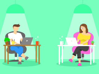 Work from home, Home office, study from home concept. Man and Woman wear glasses siting on chair and working on laptop.