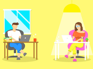 Work from home, Home office, study from home concept. Man and Woman wear glasses siting on chair and working on laptop.