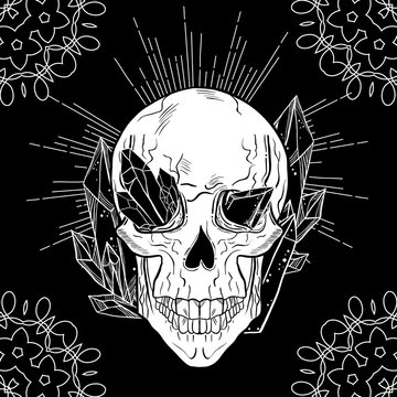 Hand drawn illustration of a skull with crystall gems. Gothic tattoo art style.