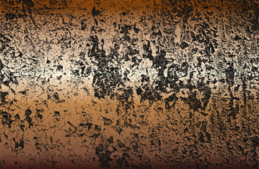Distressed overlay texture of rusted peeled golden metal plate. grunge background.