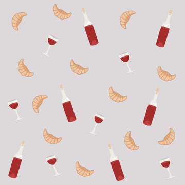 Vector seamless pattern with wine and croissant. French theme, beige background