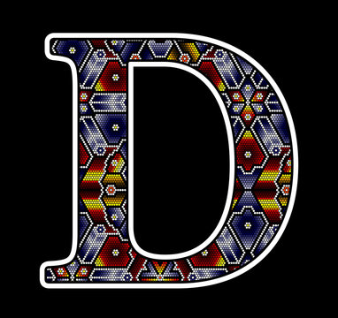 Initial Capital Letter D With Colorful Dots. Abstract Design Inspired In Mexican Huichol Beaded Craft Art Style. Isolated On Black Background