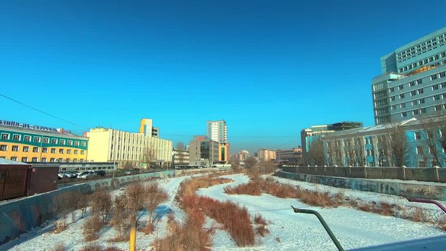 Dried Up Selbe River, Frozen During Cold Winter. Ulaanbaatar, Mongolia.