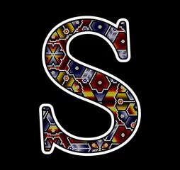Poster initial capital letter S with colorful dots. Abstract design inspired in mexican huichol beaded craft art style. Isolated on black background © Sergio Hayashi