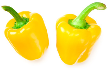 yellow sweet bell peppers isolated on white background. top view