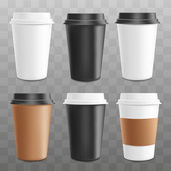 Set of plastic and paper cups for coffee and tea, espresso, cappuccino