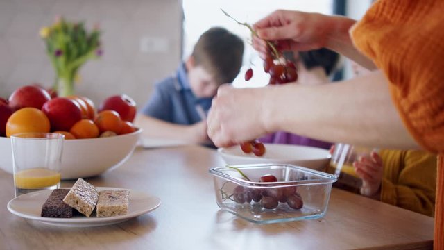 Mother With Small Children In Kitchen In The Morning At Home, Preparing Snack.