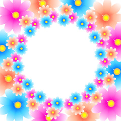 Round frame of blue, pink and orange flowers on a white background. Vector. Use for cards, banners, web design, advertising.