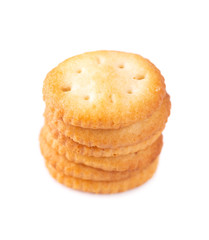 Stack round cracker isolated on white background. Dry cracker cookies isolated. Salty snacks isolated.