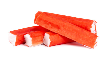 Crab stick isolated on white background. Imitation crab meat. Fish product.