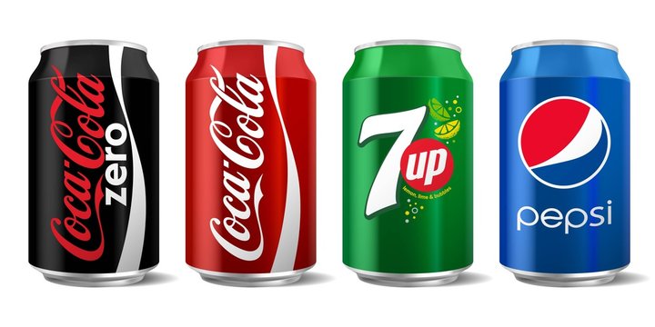 Vector illustration of classic Coca-Cola, Pepsi and 7 up can isolated on white background for editorial use.	