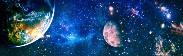 Earth in the outer space collage. View from the space . Planets of solar system. Cosmic dust. Outer...