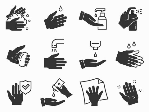 Hand washing icons set. Black vector illustration.