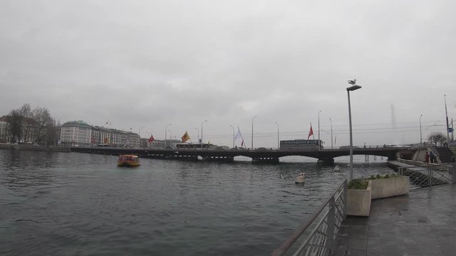 Genevan yellow boat named mouettes, public transport system leaving the port in the harbor of Geneva, under a gray sky, seagull landing on a street lamp, traffic on the Mont Blanc bridge.