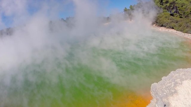 Wai-o-tapu Park in the Rotorua region of New Zealand. It is a very impressive geothermal park with boiling lakes. This colorful park is really amazing.
