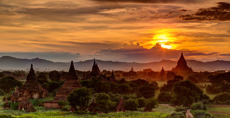 Sunset over ancient Bagan Temples in Myanmar
