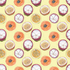 Watercolor fruit seamless pattern include of  papaya, passion fruit and mangosteen.