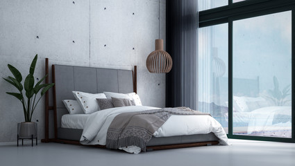 Modern cozy bedroom interior design and concrete wall texture background pattern
