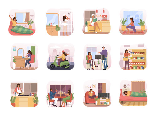 Daily routine of a woman. Set of daily life scenes. Sleeping, eating, working, exercise, grocery shopping. Flat cartoon character illustration