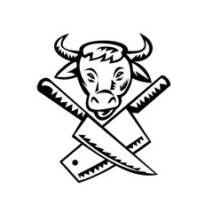 Crossed Butcher Knife With Cow Head Front View Black and White
