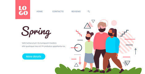 parents with daughter walking outdoors family wearing medical masks to prevent coronavirus pandemic covid-19 quarantine concept copy space horizontal full length vector illustration