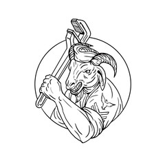 Navy Goat Holding Pipe Wrench Circle Black and White