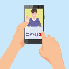 Hand holds smartphone. Video conference team friends on screen phone talking by internet in videocall, chat, UI,UX interface