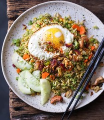 South Indian inspired Broccoli Fried rice topped with crispy green chili, garlic and onion. 