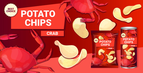 potato chips with crab flavor advertising composition of crisps natural potatoes and packaging ads design template horizontal vector illustration © mast3r