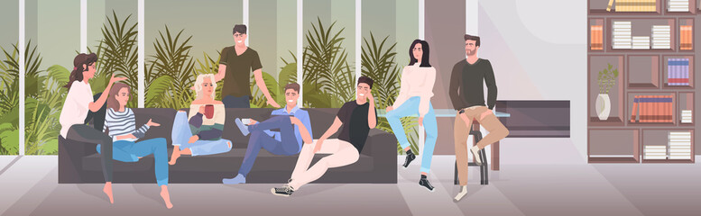 group of happy friends spending time together men women sitting on sofa having fun living room interior horizontal full length vector illustration